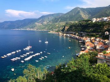 High angle view of boats in bay