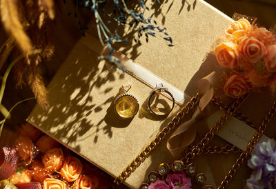 High angle view of rose on table