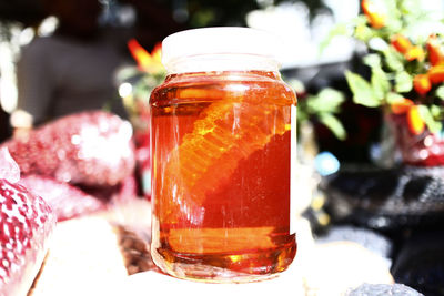 Close-up of beer glass on table