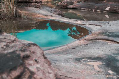 Close-up of reflection of rocks in water