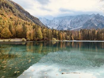 Scenic view of lake and mountains against sky