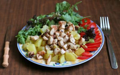 High angle view of salad in plate on table