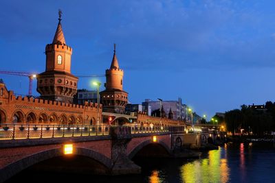 Bridge over river in city at night