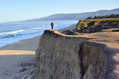 Rear view of man standing on rock at beach