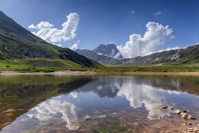 Scenic view of lake and mountains against sky