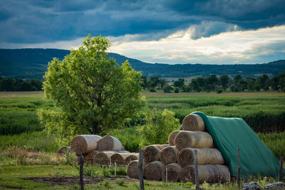 Hay bales on field against sky