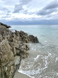 Scenic view of rocks in sea against sky