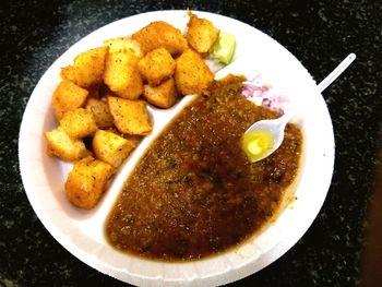 High angle view of food in plate