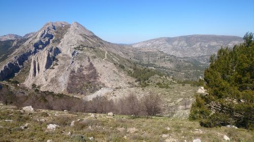 Scenic view of rocky mountains against clear blue sky