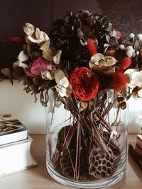 Close-up of roses in vase on table at home