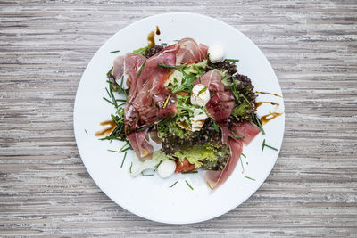 High angle view of salad in plate on table