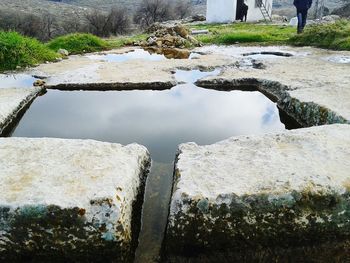 Reflection of rocks in lake