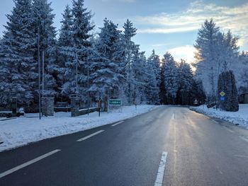 Road amidst trees against sky during winter