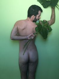 Midsection of shirtless man holding plant over green background