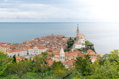 Panoramic view of townscape by sea against sky