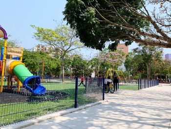 Trees in park against sky in city