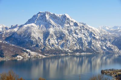 Scenic view of snowcapped mountains against clear sky