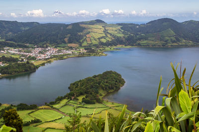 Viewpoint miradouro do cerrado das freiras - view of lagoa azul and the village sete cidades azores