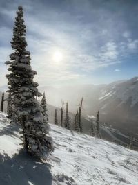 Scenic view of snow covered landscape against sky during sunset