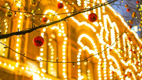 Low angle view of illuminated lanterns hanging on tree