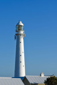 Tall white lighthouse tower over rooftops