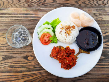 High angle view of food served on table