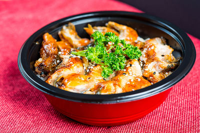 Close-up of food served in bowl on table