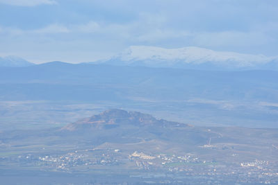 Aerial view of snowcapped mountains against sky