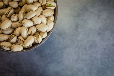 High angle view of bread in bowl on table