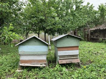 Wooden house on field by trees and plants