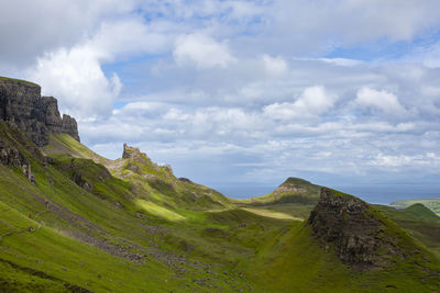 Trail, blue sky with clouds in quiraing isle of skye scotland
