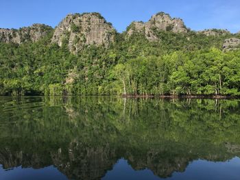 Scenic view of lake by trees against clear sky