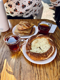 High angle view of breakfast served on table