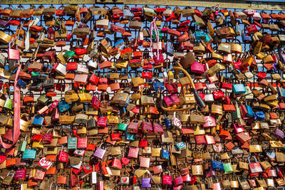 Full frame shot of padlocks on railing