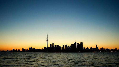 City skyline at sunset