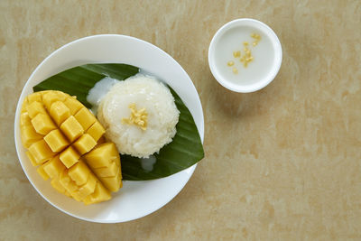 Directly above shot of meal served in plate on table
