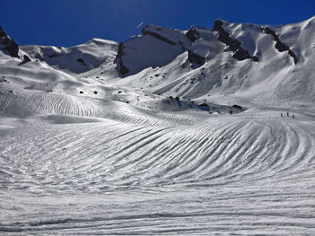 Scenic view of snowcapped mountains against clear sky