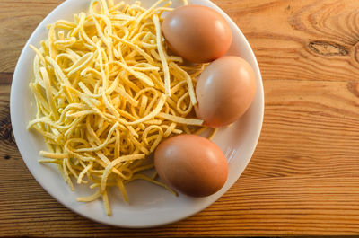 High angle view of eggs in plate on table