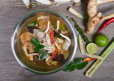 High angle view of soup in bowl on table