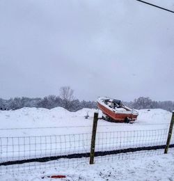 Snow on field against sky during winter