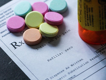 High angle view of colorful pills and prescription