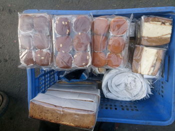 Directly above shot of breads in crate