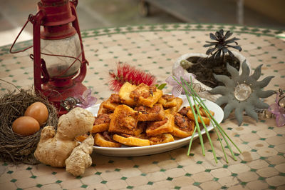 Close-up of food served on table