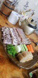 High angle view of bread in plate on table