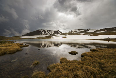 Scenic view of snowcapped mountains against sky