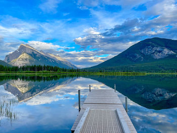 Scenic view of lake by mountains against sky