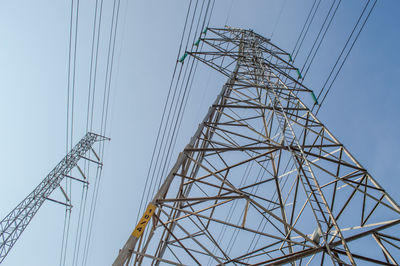 Low angle view of electricity pylon against sky