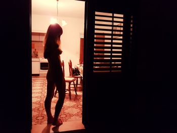 Silhouette woman standing by window at home