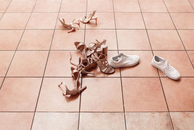 High angle view of shoes on floor