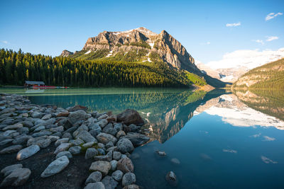 Scenic view of lake by mountains against blue sky